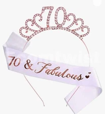 Rose Gold 70th Birthday Sash and Birthday Tiara Rhinestone Crown Headband for 70