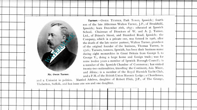 Mr Owen Turner Park Tower Ipswich Suffolk   - 1911 Cutting / Print