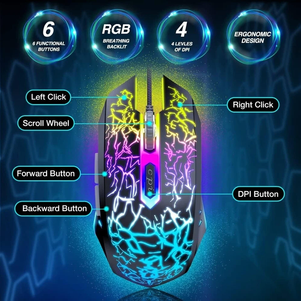 Mouse para jogos Bengoo com fio, ergonômico RGB retroiluminado PC mouse óptico de computador, preto - Imagem 2 de 4