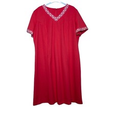 Vintage 60s Sz 16 Coral Orange Shift Dress White Sequins Mod MCM Plus True VTG