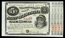 1875 USA United States of America $5 Five Dollar State of Louisiana Baby Bond