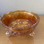Vintage Fenton Marigold Carnival Glass Butterfly, Floral And Berry 3 Footed Bowl