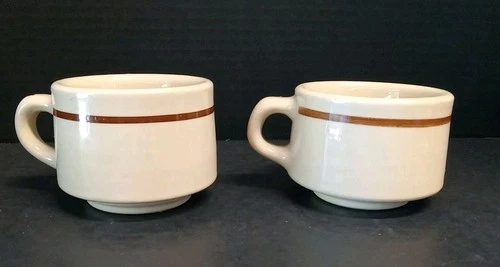 2 VTG Sterling Restaurant Ware Diner Coffee Mug Cup Tan W/Brown Line 2 1/2" USA