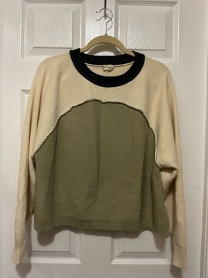 Hem & Thread Women Tri Color Sweater L Dark/Sage Green Cream Pullover Cropped