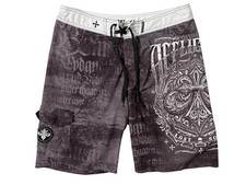 Y2K Affliction Board Shorts Lost Souls Cross Black Brown Gray Swim Trunks Sz 34