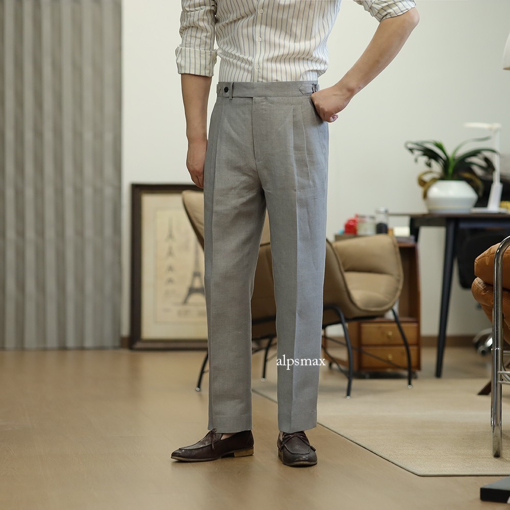 Men's Linen Gurkha Pants with Adjustable Waist Loose Straight Fit Grey