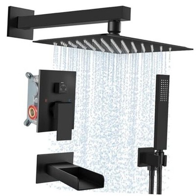 Rain Shower System Tub Shower Faucet Set Square Rainfall 12 Inch Matte Black
