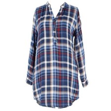 Alya Dress Sz S Navy Blue Multi Plaid Hi Lo Roll Tab Sleeves Cotton Shirt Dress