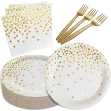 WXLDGHQ White and Gold Paper Plates Napkins 7, Dot Plate 