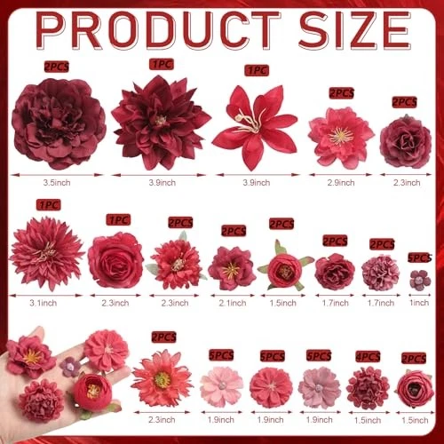 Cabezas de flores artificiales combo flores mezcla flores de seda cabezas a granel para rojo Foto 3 de 4