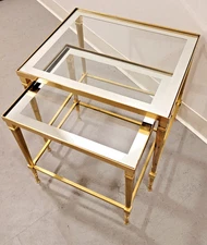 Vtg MCM Hollywood Regency Brass Glass Mirror Nesting End Side Gold Accent Tables