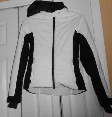 ATHLETA~ GRACE PEAK~BLACK & WHITE~ZIP + Zip Pockets Lined HODDIE Jacket Size XXS