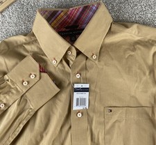 Tommy Hilfiger Classic Oct Beige Dress Shirt Mens Large Pocket Cotton Preppy