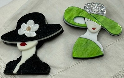 Beautiful Ladies Green Or Blk Large Hats Over Eyes Ur Choice Pin Brooch