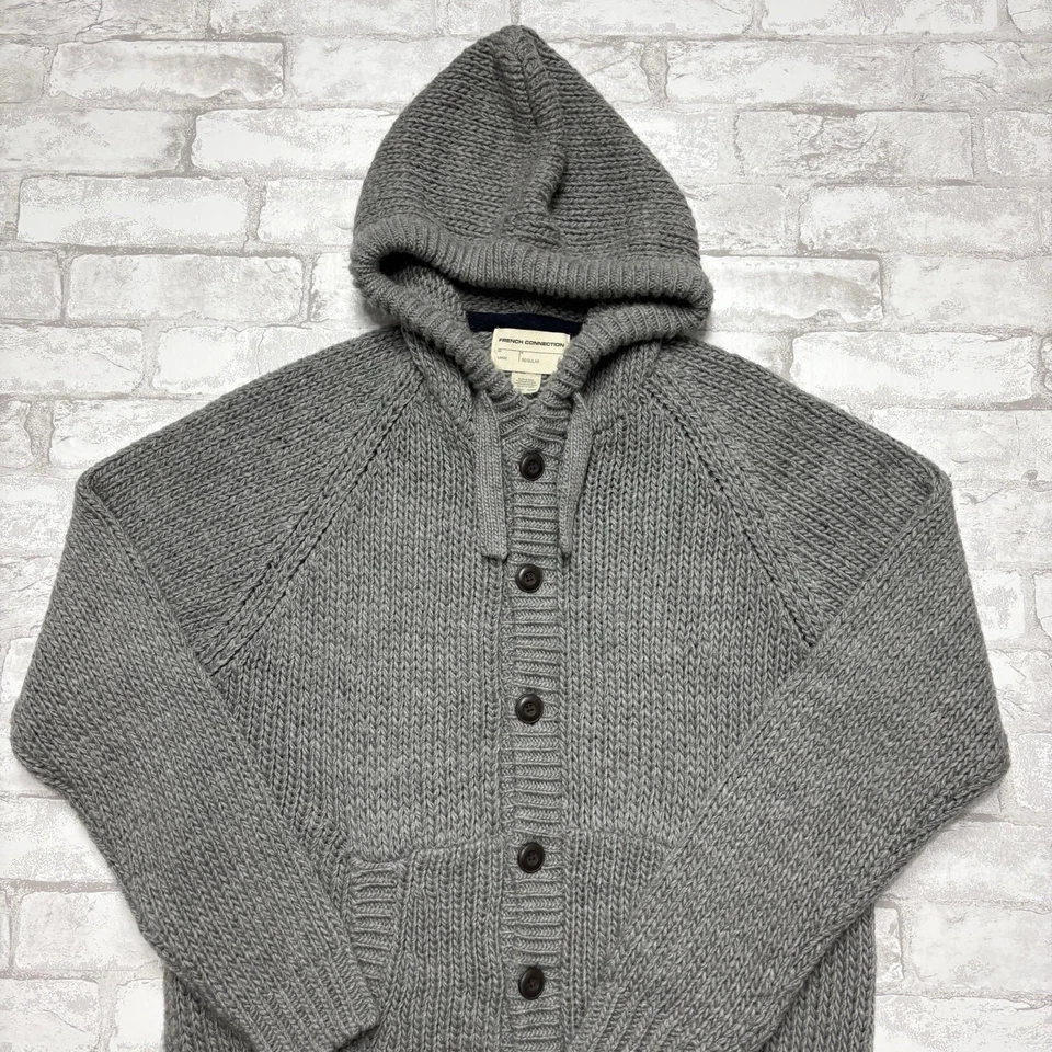 Suéter French Connection Para Hombres Grande Gris Cárdigan Sudadera con Capucha Tejido Abotonado FCUK Foto 2 de 4