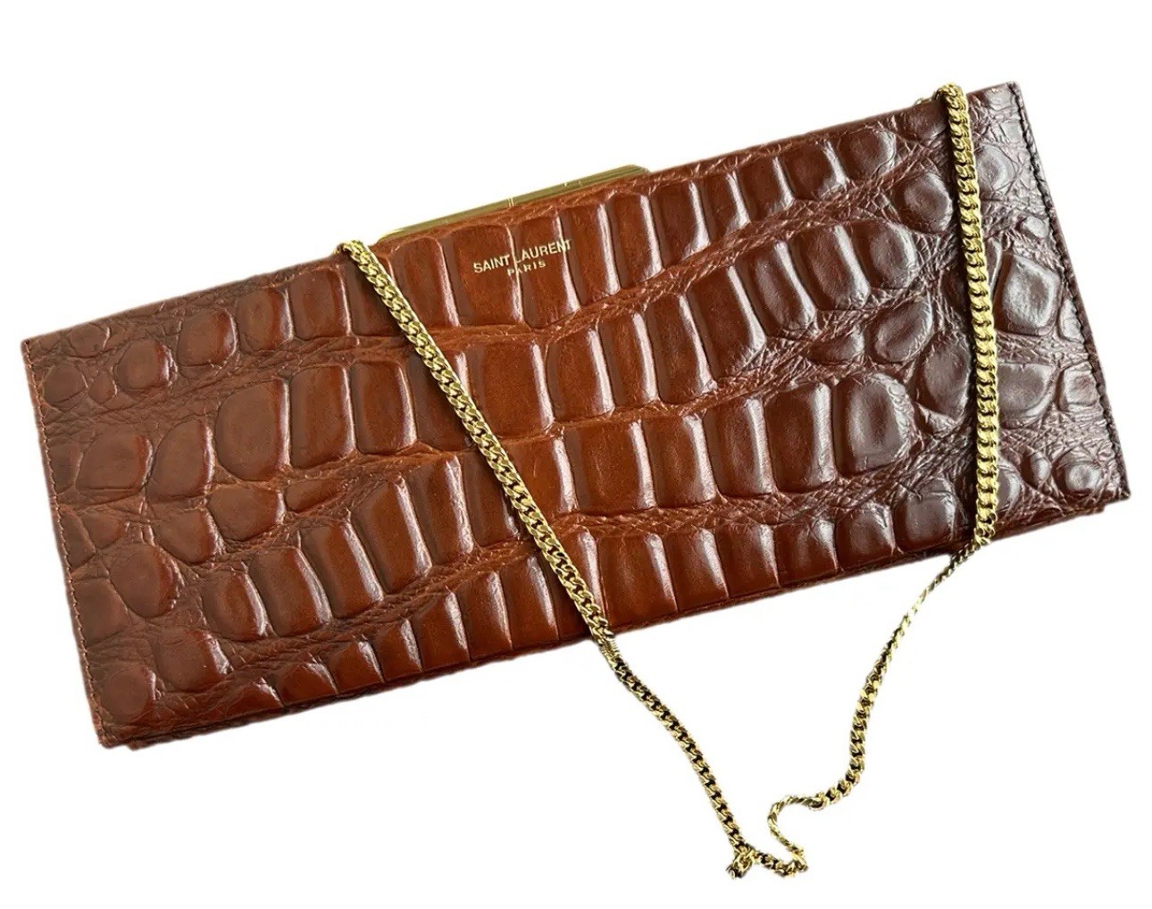 Tracolla Saint Laurent YSL in coccodrillo marrone