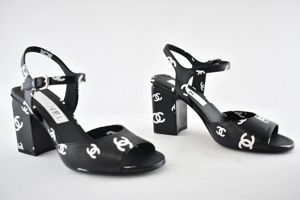 Chanel 22S Black White Printed Lambskin CC Logo Ankle Strap Block Heel Sandal 39