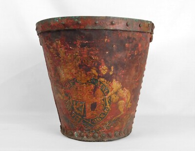 19th C English Leather Fire Bucket Garter Coat of Arms HONI SOIT QUI MAL Y PENSE