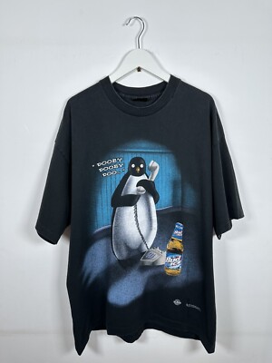 Vintage 1996 Single Stitch Bud Ice Beer Beware Of The Penguins schwarzes T-Shirt. XL