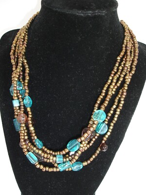Handcrafted Necklace, 5 Strand Beaded, Bronze Metallic, Blue & Brown, Adjustable