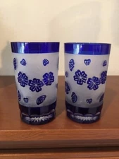 Cobalt Blue Etched Sand Blasted Juice Glasses Hybiscus Flowers Set Of 2 MINT
