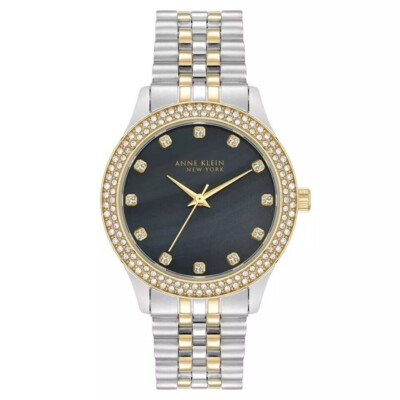 Anne Klein New York Crystal Accent 36mm Black MOP Dial Ladies Watch 12/7743BMTT