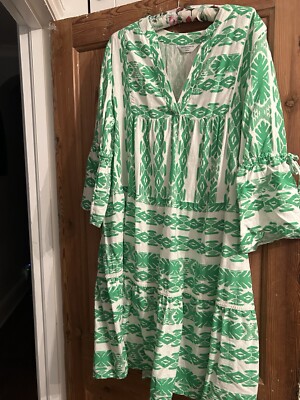 Accessorize Green Cotton Linen Blend Dress With Flute Sleeves. Size L UK16-18