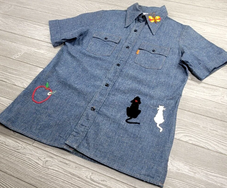 Vtg 70s Levi's Orange Tab Chambray M Shirt Embroider Hippie Floral Rare Cursive - Image 4 of 4