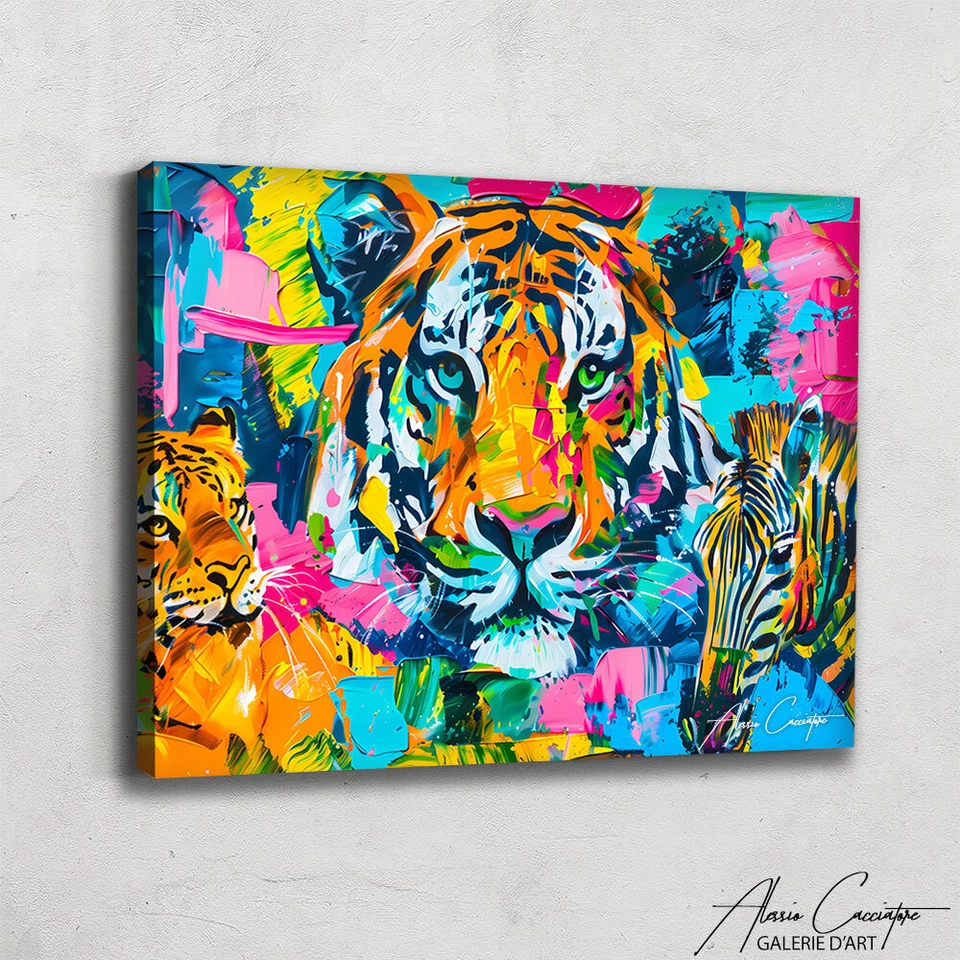 Impresión de arte de tigre colorida decoración de pared arte pop grande pintura animal lienzo pared Foto 2 de 4