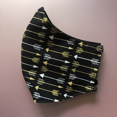 Woman Face Mask Double Layer Adjustable Nose And Ear ..Washable Black Gold Arrow