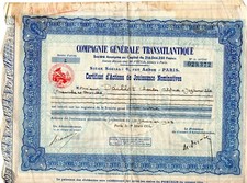 Certificat d'Actions de Jouissance Compagnie Générale Transatlantique, 1934