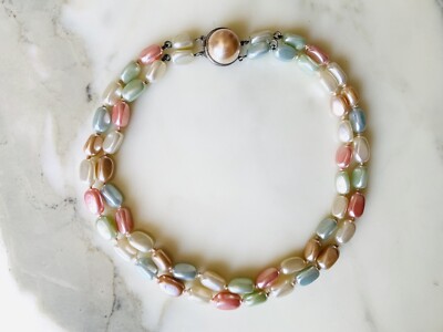 Collier Ras De Cou Vintage Art Déco – Double Rang Perles En Verre Nouées – Couleurs Pastel