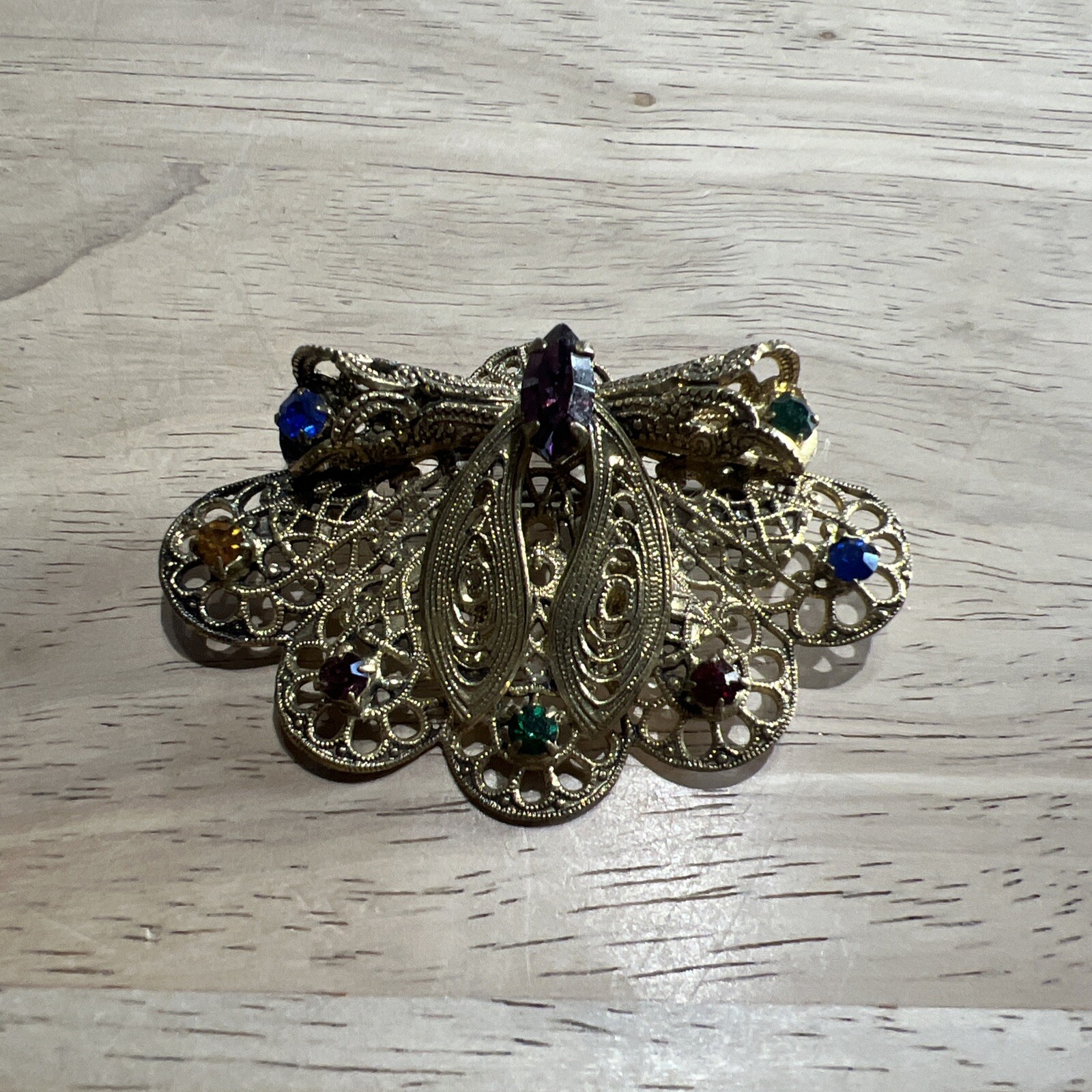 Vintage Fan Brooch With Multi Color Rhinestones  Gold Tone