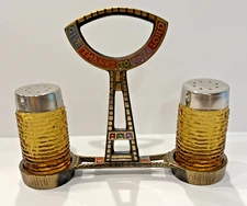 RARE Terra Sancta Guild Israel Judaica Salt & Pepper Shakers w/Holder Stand 1969
