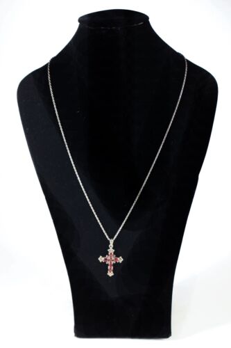 Sterling Silver .925 Garnet Marcasite VTG Cross Pendant Rope Chain Necklace 24” - Picture 2 of 6