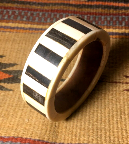 Vintage Horn & Bone Bangle Bracelet Brown Creme Colored Made In India - Picture 3 of 5