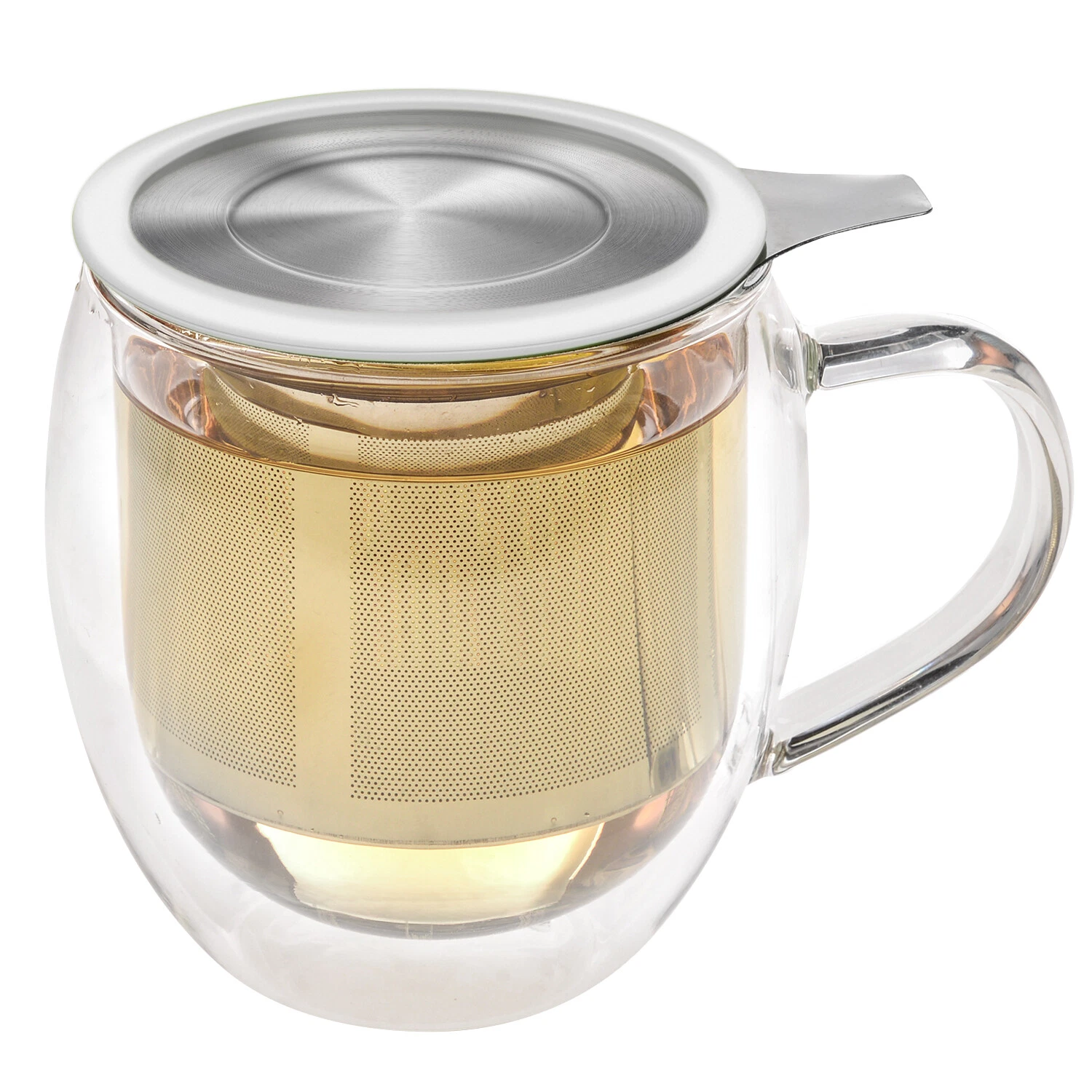Double Wall Glass Tea Cup with Stainless Steel Infuser & Coaster Lid - 15oz