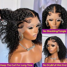 12" Curly Women Black Hair Transparent Water Wave Lace Frontal Short Wigs US
