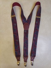 Vtg CAS West Germany Paisley Leather Stretch Adjustable Y Suspenders Clip