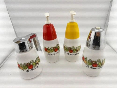 Vintage Gemco Spice of Life Milk Glass Set - Creamer Sugar Ketchup Mustard 4pc