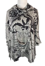 Inoah Pullover Womens One Size Top Gray Black Abstract Art Print USA Cowl Neck