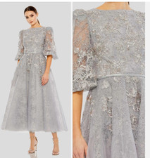 Mac Duggal Size 20 Gray High Neck Embellished Midi Dress Puff Sleeve 20418 NWT