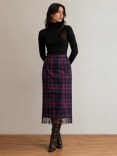 Requirements Plaid Fringe Midi Skirt Purple Blue Tartan Wool Blend Women Size 12
