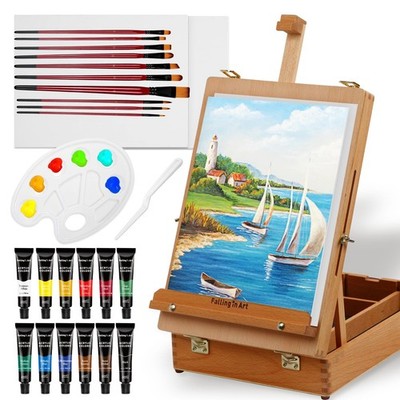 Falling in Art 27 Pcs Beechwood Tabletop Easel Box Acrylic Set, White,Red