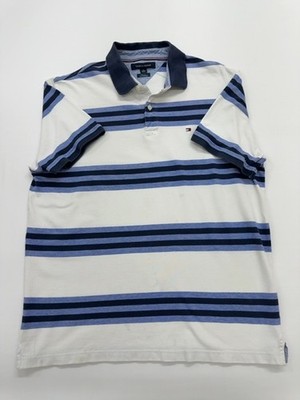 Tommy Hilfiger Men's Polo White Blue Striped Size XL Slim Cotton Button Fly