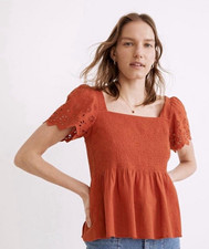 Madewell Orange Square Neck Eyelet Short Slee...