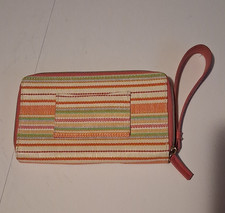 Striped Multicolor/Pink Zip-Around Wristlet Wallet w/ Wrist Strap, Folding