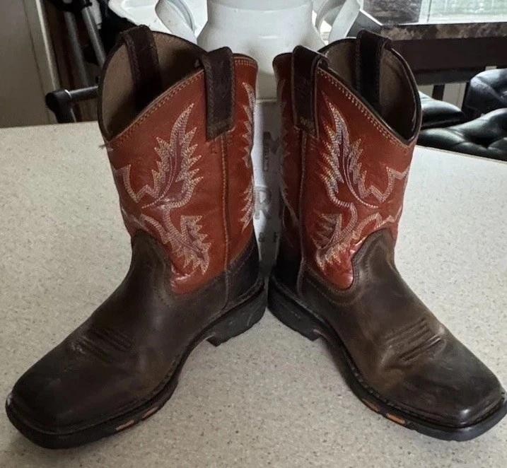 Ariat Niños Botas de Vaquero Jóvenes 13.5 Cuero Marrón Naranja Eje Puntera Cuadrada Foto 4 de 4