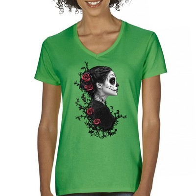 Gothic Sugar Skull Roses Women's V-Neck T-shirt Day of Dead Dark Elegance Tee