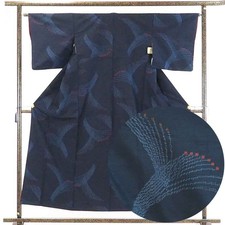 Clearance Recycled Silk Tsumugi Kimono Navy (Awase), Women's M, Rank B